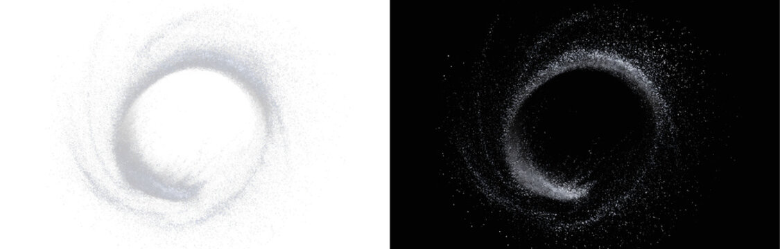Abstract silver dust swirl on black background, dynamic powder vortex loop overlay. Minimalist dark metallic particle circle backdrop, modern motion template PNG