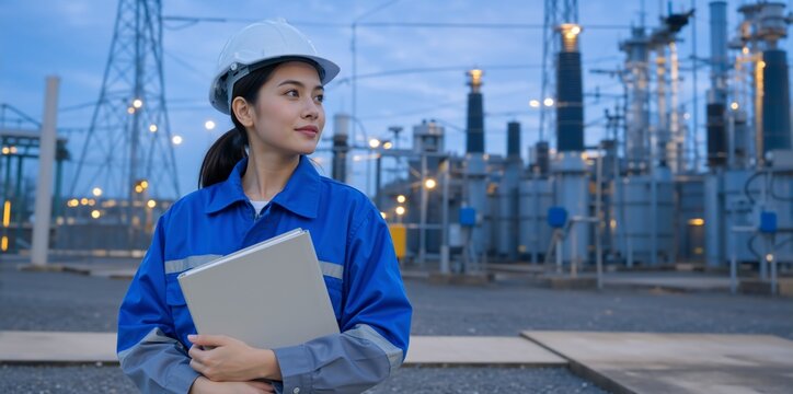 Female electrical engineer holding a folder at a power substation. Young Asian woman worker in a hard hat and blue uniform at dusk. Energy industry and infrastructure concept