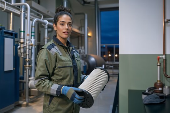 Female technician holding large cylindrical filter in industrial facility. Young woman worker in green jumpsuit replacing filter. Maintenance and service concept