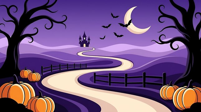 Halloween Night Background with Spooky Pumpkins, Full Moon, Silhouetted Trees, Bats and Witch-Themed Vector Illustration for Autumn Holiday Celebration
