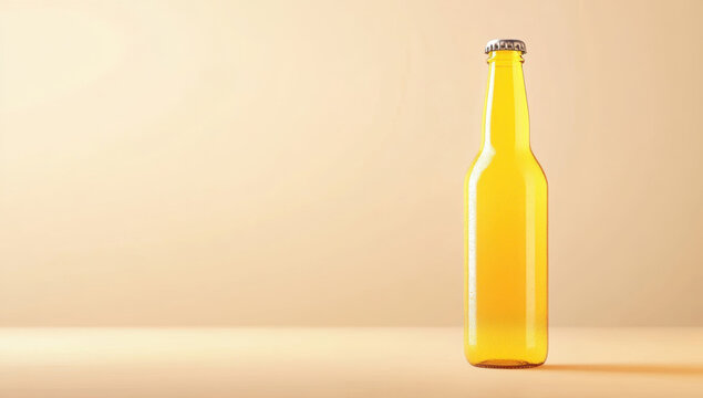 Glass beer bottle covered with condensation droplets on a yellow background, representing coolness and refreshment