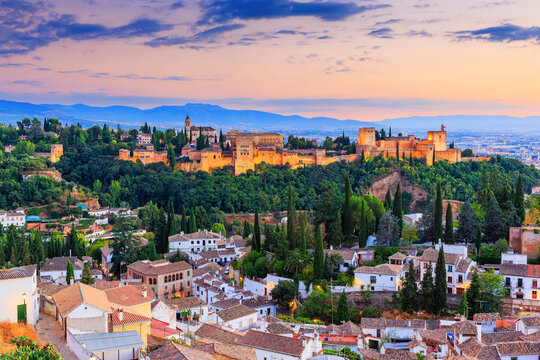 Alhambra of Granada, Spain. Alhambra fortress at sunset.