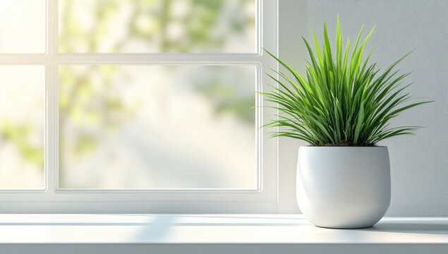 Lush green plant adds touch of nature to bright interior, symbolizing growth, freshness, and tranquility