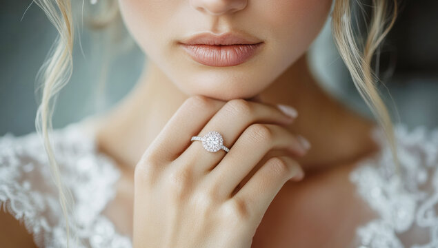 Diamond engagement ring sparkling on bride's delicate hand, symbolizing love and commitment during wedding celebration