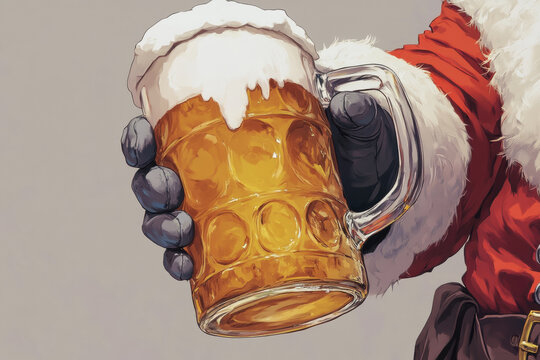 Santa claus wearing white gloves is holding a large beer stein full of dark beer with foam