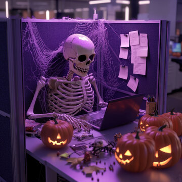 Skeletal employee working at computer, surrounded by cobwebs and jack-o'-lanterns, embodying halloween workplace eeriness