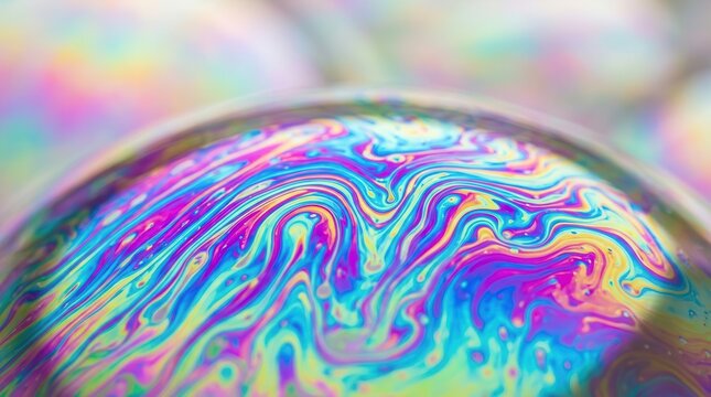 Close-up view of psychedelic patterns and rainbow colors on a soap bubble.