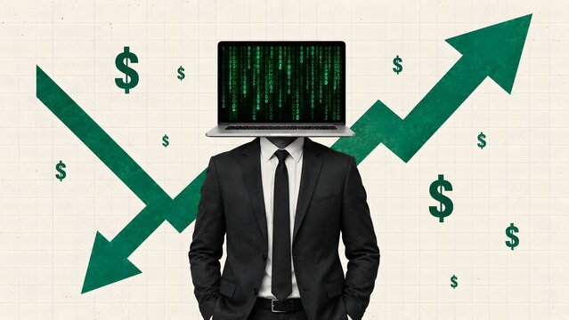 Businessman with digital laptop head and financial arrows, symbolizing cryptocurrency, market volatility, economic change, investment risk and digital finance