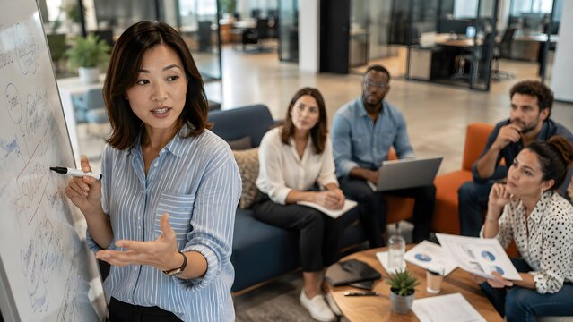 Professional woman presenting strategy during collaborative office meeting, representing leadership, teamwork, business planning, communication and corporate training