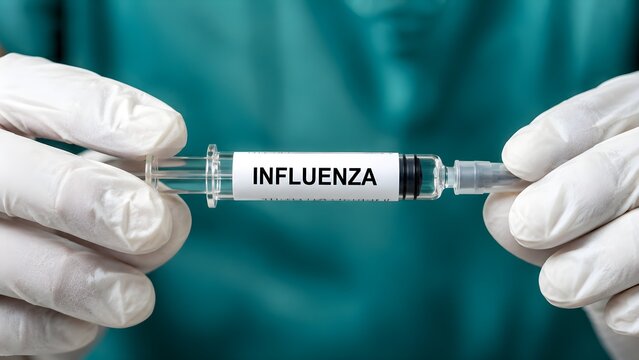 Gloved medical professional holding influenza vaccine syringe, representing vaccination, flu prevention, healthcare, immunization, medicine and disease control