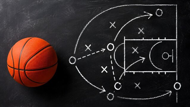 Basketball with tactical strategy diagram on chalkboard, representing sports coaching, game planning, team strategy, competition, training and athletic performance