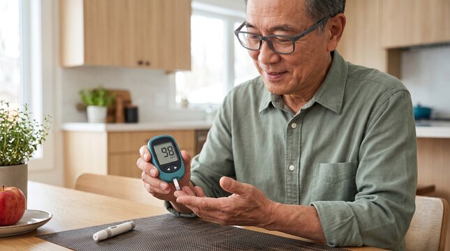 Endocrinology: Asian senior man checks 98 mg/dL glucose reading for daily diabetes self-management