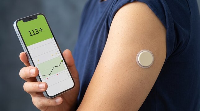 Endocrinology: Person reviews continuous glucose readings on smartphone for convenient diabetes self-management