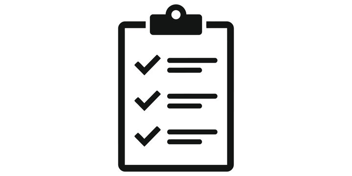 Black clipboard icon with checkmarks representing completed tasks and survey results in a professional minimalist flat business style.