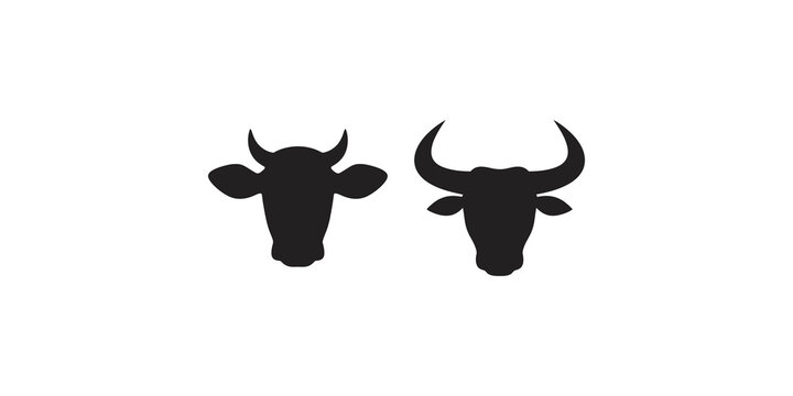 Two bull head silhouettes in black on a transparent background illustrating livestock and farm animals.