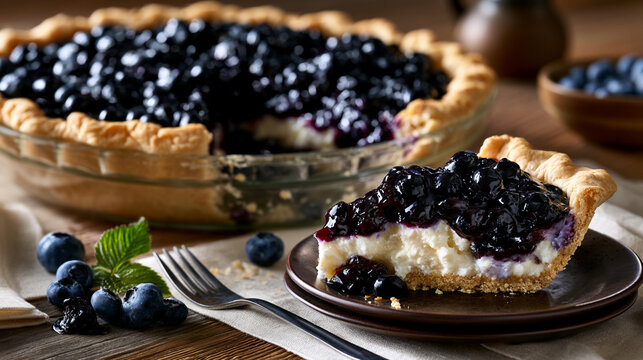 A delicious slice of creamy blueberry cheesecake pie on a plate with fresh blueberries and a fork