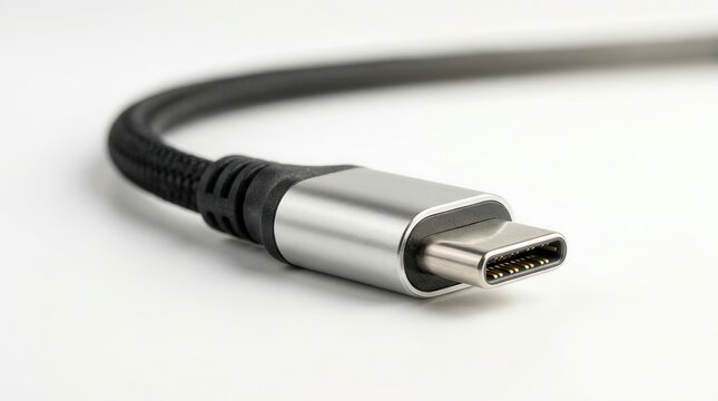 New metal USB-C connector on a black cable in a macro view.