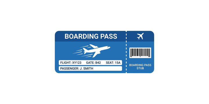 Detailed blue boarding pass or airplane ticket with flight information and a barcode on a transparent background.