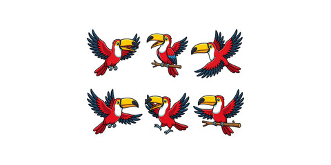 Set of six cartoon toucans in various poses, featuring vibrant red, blue, and yellow plumage.