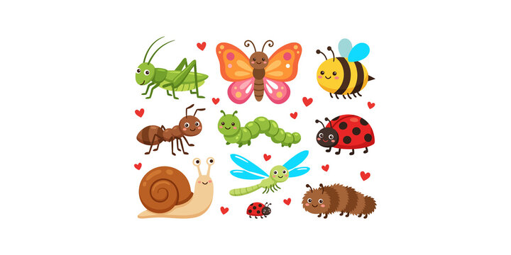 Collection of cute cartoon insects, featuring a butterfly, bee, ladybug, snail, and more.