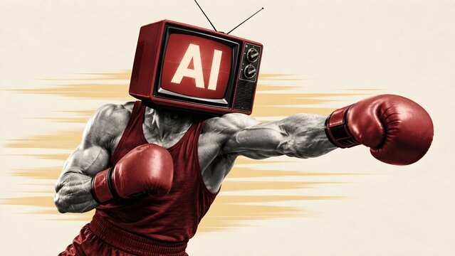 Artificial intelligence boxer with robotic body and red gloves, representing machine learning, automation, technology, digital competition and future innovation