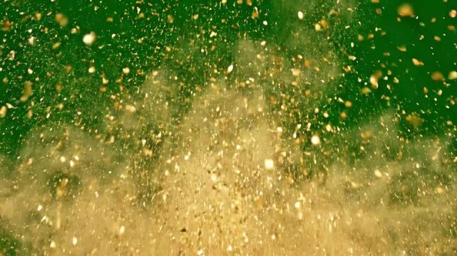 Golden powder explosion creates dynamic dust particle cloud against green screen background.