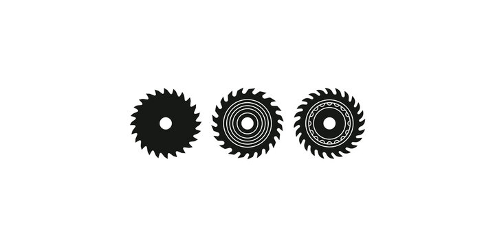 Set of three circular saw blades with sharp teeth for woodworking and construction on transparent background.