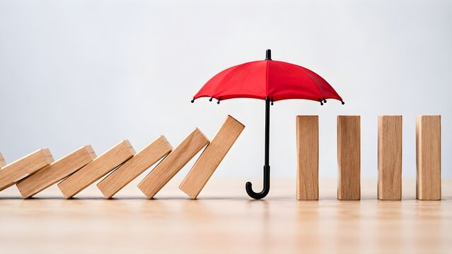 Business risk management concept with falling dominoes stopped by an umbrella representing protection strategy prevention resilience and crisis control