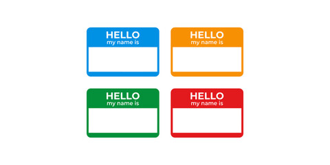 Four colorful name tag stickers with hello my name is text and space for writing. © Jpeg shop opened