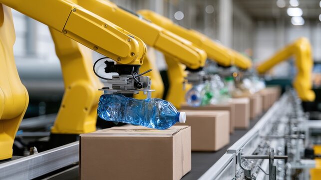 Robotic assembly line handling plastic bottles with yellow robot arms placing bottles into cardboard boxes for packaging and recycling plant background