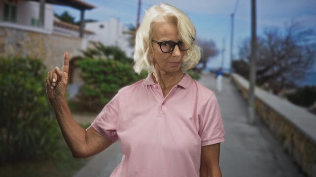 Woman pointing index finger with raised hand, wearing glasses and pink polo on street beside seawall and houses by the sea; resolve.