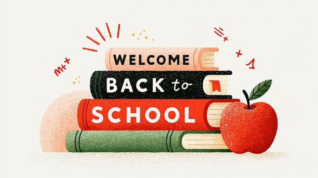 Back to School Illustration with Books and Apple