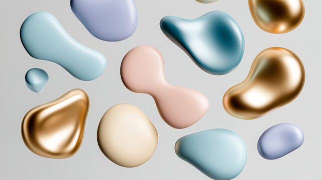 Abstract pastel and metallic liquid shapes floating in zero gravity, creating a soft organic pattern background with fluid iridescent drops and gold elements