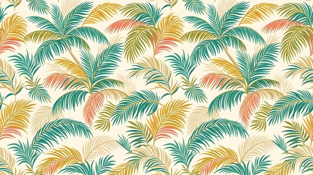 Tropical botanical pattern with colorful palm leaves and foliage creating a seamless decorative background for textile wallpaper fabric and design