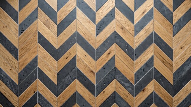 Chevron pattern wall texture with alternating light oak wood and dark grey concrete planks