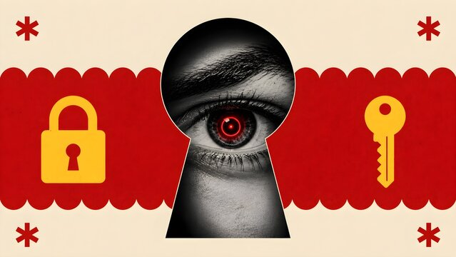 Cybersecurity privacy concept with keyhole and shadowed eye representing surveillance data protection secrecy authentication identity and digital threats