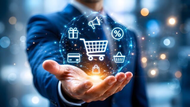 Digital shopping concept with business professional holding glowing ecommerce interface representing online retail technology payments commerce and customer experience