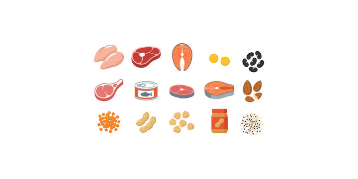 Assortment of healthy foods including raw meat, fish, nuts, beans, and canned salmon on transparent background.