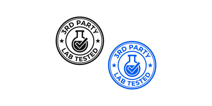 Set of black and blue third party lab tested rubber stamp icons featuring chemical flask symbols with checkmarks on transparent background.