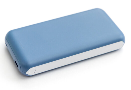 Modern blue power bank isolated on white background surface