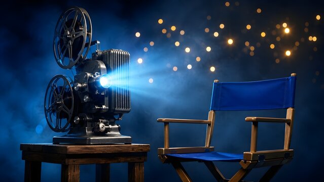 Film production concept featuring vintage movie camera and director chair with glowing lights representing cinema filmmaking entertainment storytelling and media
