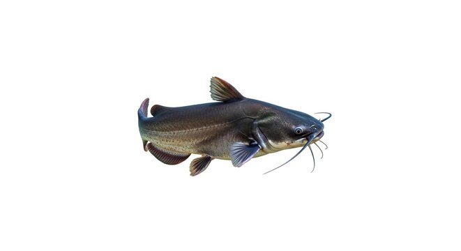 A solitary Channel Catfish isolated on a clean white background, showcasing its distinctive barbels and fins, ready for aquatic or culinary concepts.