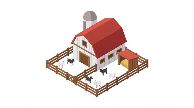 Farm with a red barn silo and livestock fenced in enclosures shown in an isometric view.