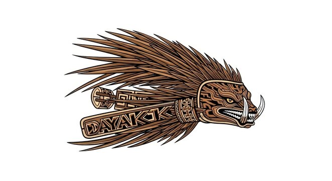 Intricate Dayak Tribal Warrior Mask of a Wild Boar Head with Feather Headdress, Vector Illustration