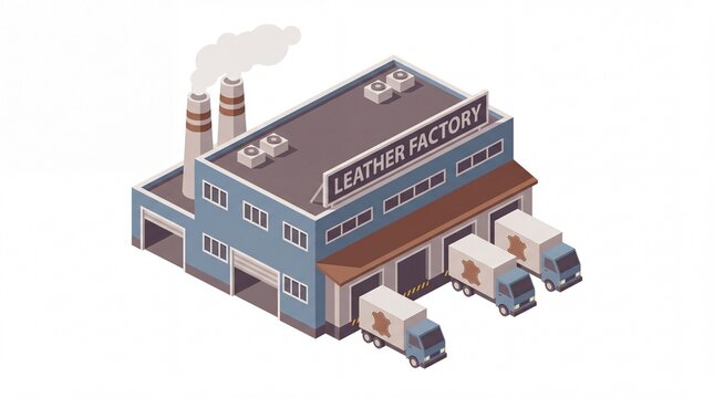 Leather factory building with smoking chimneys and delivery trucks parked outside loading docks.