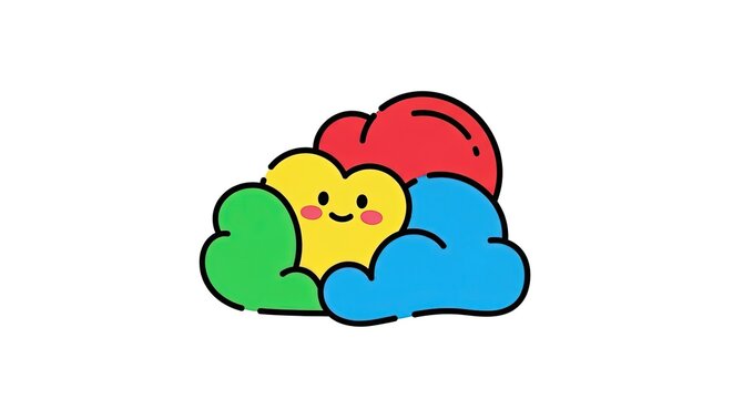 Cute Cartoon Heart Character Peeking from Colorful Abstract Shapes on White Background