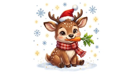 Fototapeta premium Cute baby deer wearing a christmas hat and scarf holding a carrot in its mouth isolated on white background
