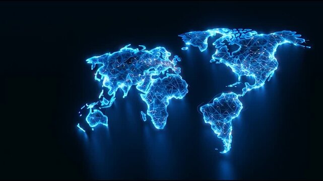 Blue light outlines continents against dark background