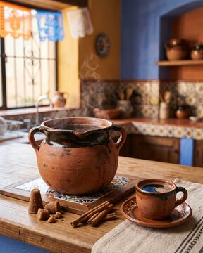 Traditional Mexican Caf&eacute; de Olla Prepared in a Clay Pot.