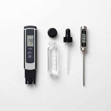 Water testing equipment flat lay with ph meter test strips dropper with small container white background testing tools with tools